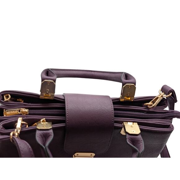 Dasein Purple Leather Gold Tone Metal Three Large Compartment Satchel Handbag - Picture 8 of 14